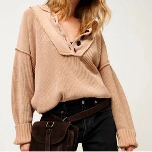 Free People Tan V-Neck Sweater with Chunky Knit